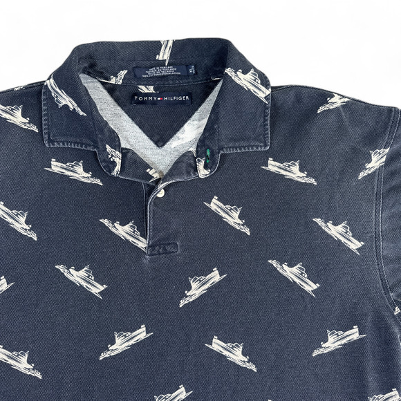 Vintage Tommy Hilfiger Polo Shirt Adult LARGE Blue Boats Yachts Nautical 90s - Picture 2 of 11